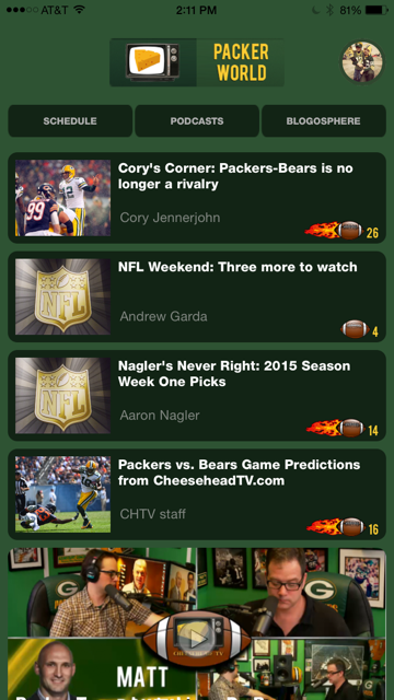 The main interface displays a list of the most recent article on Cheesehead TV