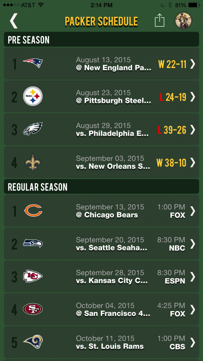 Green Bay Packer's Schedule page