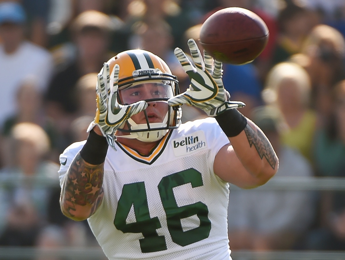 Green Bay Packers tight end Colt Lyerla by Benny Sieu—USA Today Sports.