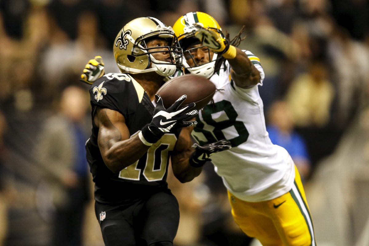 Saints receiver Brandin Cooks gets by Packers cornerback Tramon Williams for a touchdown by  Derick E. Hingle—USA TODAY Sports.