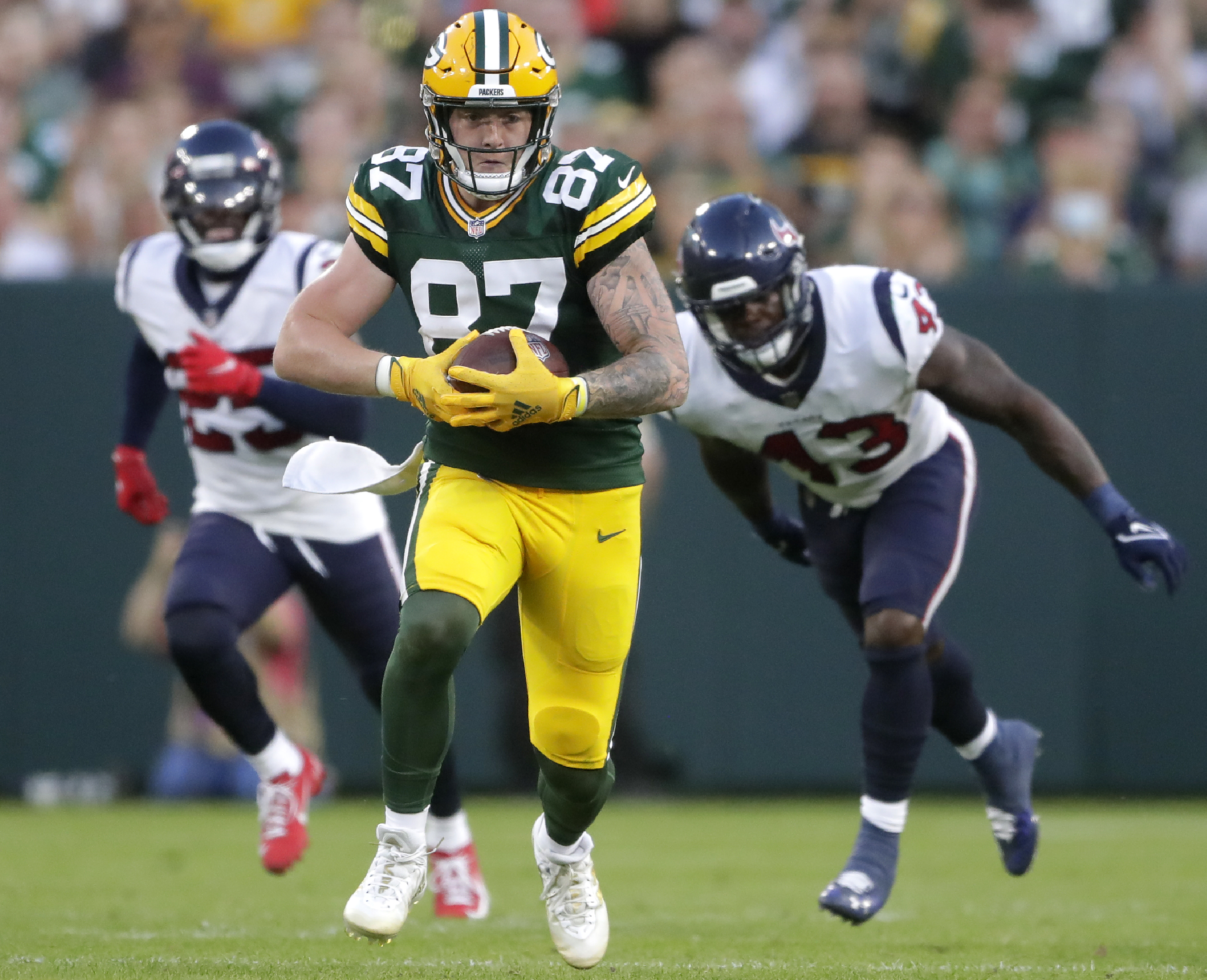 Aug 14, 2021; Green Bay, WI, USA; Green Bay Packers tight end Jace Sternberger (87) runs following a catch against the Houston Texans during their preseason football game on Saturday, August 14, 2021, at Lambeau Field in Green Bay, Wis. Mandatory Credit: William Glasheen-USA TODAY Sports