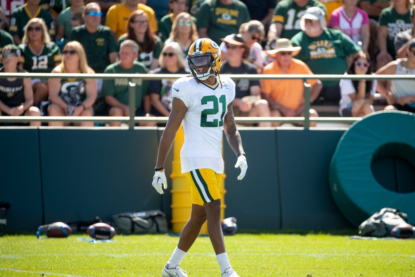 Green Bay Packers cornerback Eric Stokes (21) smiles at training camp practice with the New Orleans Saints on Wednesday, Aug. 17, 2022, at Ray Nitschke Field in Ashwaubenon, Wis. Samantha Madar/USA TODAY NETWORK-Wisconsin 