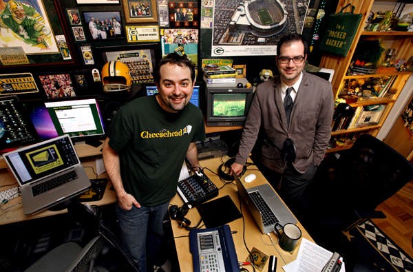 Wisconsin transplant Aaron Nagler, right, and fellow Wisconsinite Corey Behnke host CheeseheadTV.com's weekly web show/podcast from a spare room in Behnke's New York apartment that he says looks like "Wayne's World' if created by Packers fans.''' They're among a sizable community of Packers fans who blog about the team from posts all over the country. / Craig Ruttle/Submitted